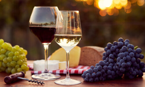 Two glasses of white and red wine with food at sunset, toned